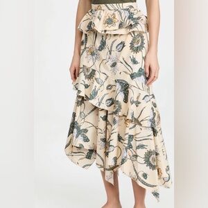 ULLA JOHNSON Ivette Asymmetric Ruffled Printed Cotton-Poplin Skirt Lemonbalm